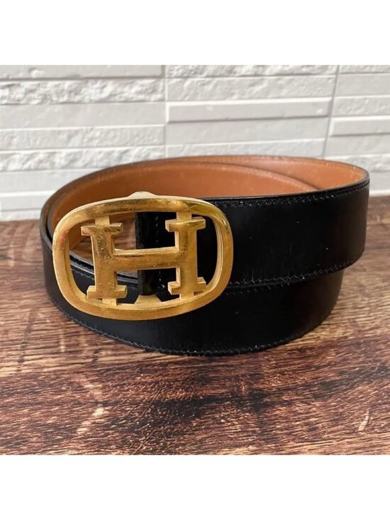 Hermes Leather Buckle Gold Belt Black Brown